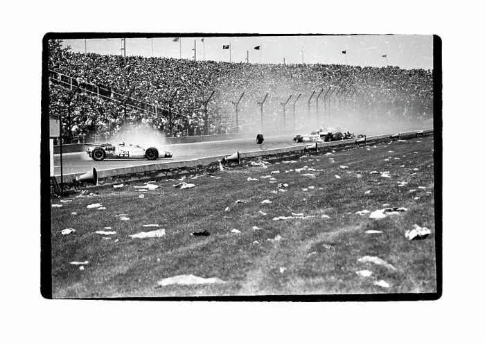 Framed Print : A.J. Foyt Racing Past Car Wrecks on Track Framed Print : A.J. Foyt Racing Past Car Wrecks on Track