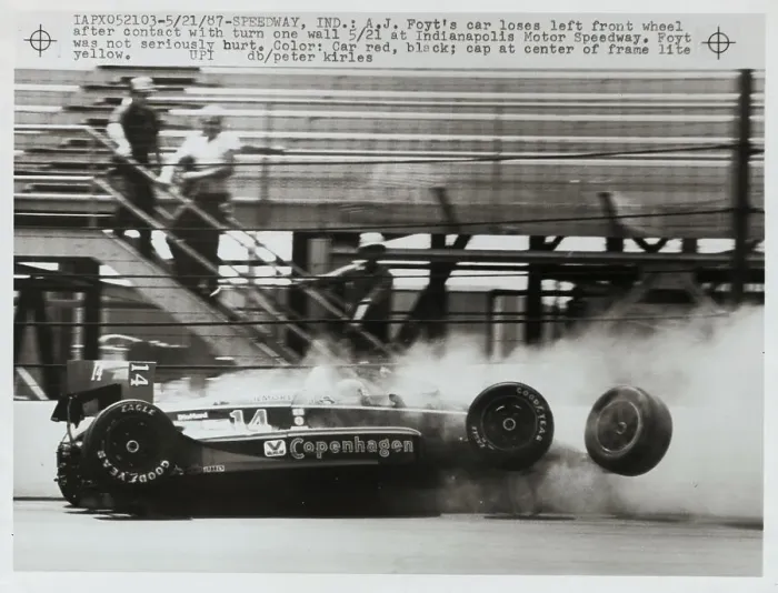 Framed Print : A.J. Foyt's Car Losing Left Front Wheel Framed Print : A.J. Foyt's Car Losing Left Front Wheel