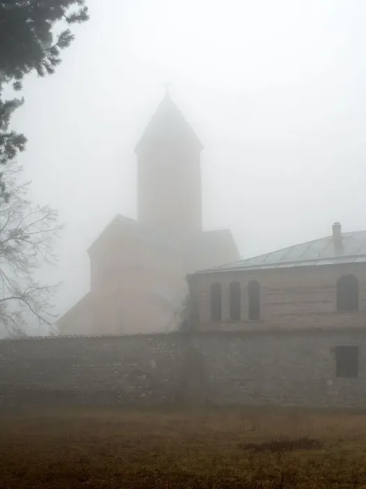 Framed Print : Akhali Shuamta monastery in fog, Kakheti region, Georgia
