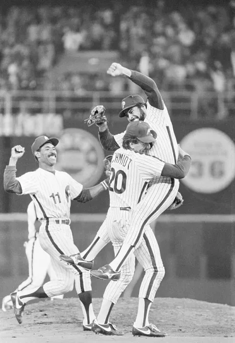 Framed Print : Al Holland Leaps Into Mike Schmidt'S Arm Framed Print : Al Holland Leaps Into Mike Schmidt'S Arm