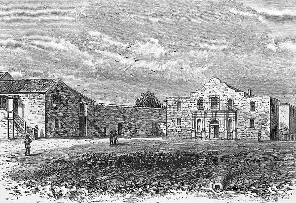 The Alamo. An engraving of the Alamo, a Franciscan mission in San Antonio