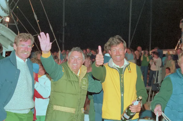 Framed Print : Alan Bond and John Bertrand Gesturing After Winning America's Cup Framed Print : Alan Bond and John Bertrand Gesturing After Winning America's Cup