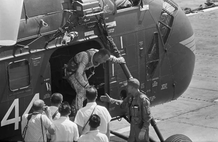 Framed Print : Alan Shepard Leaves Capsule Shakes Hands