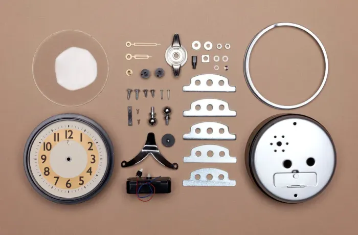 Framed Print : Alarm clock broken down into individual parts Framed Print : Alarm clock broken down into individual parts
