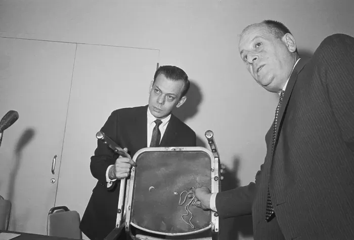 Framed Print : Albert Blumenthal and Stanley Steingut Displaying Bugged Chair Framed Print : Albert Blumenthal and Stanley Steingut Displaying Bugged Chair