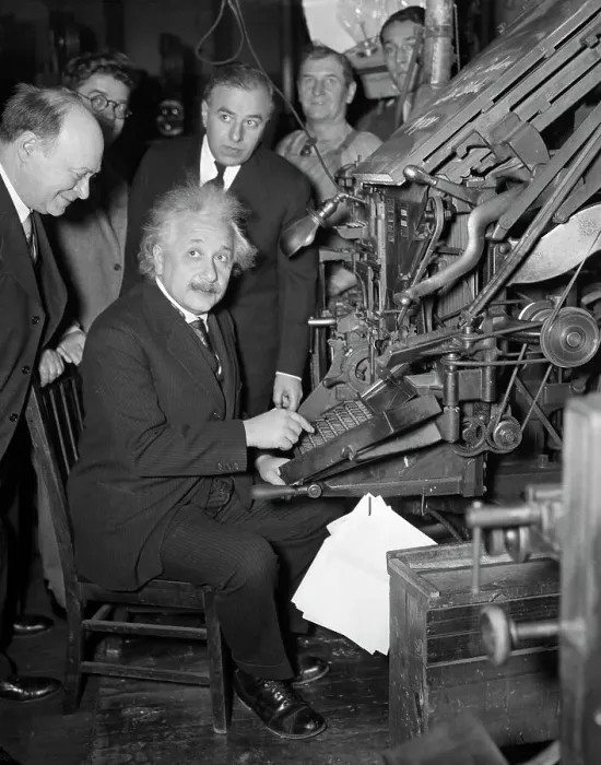 Framed Print : Albert Einstein At Typesetting Machine Framed Print : Albert Einstein At Typesetting Machine