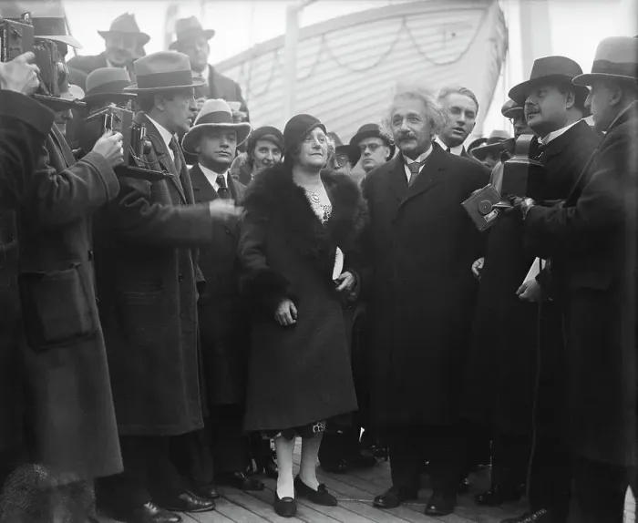 Framed Print : Albert and Elsa Einstein Greeted by Reporters Framed Print : Albert and Elsa Einstein Greeted by Reporters