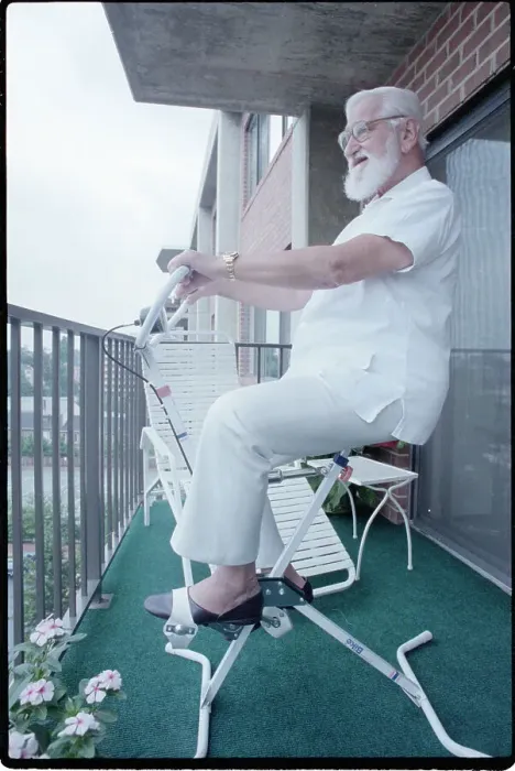 Framed Print : Albert Sabin Seated on Exercise Bike Framed Print : Albert Sabin Seated on Exercise Bike