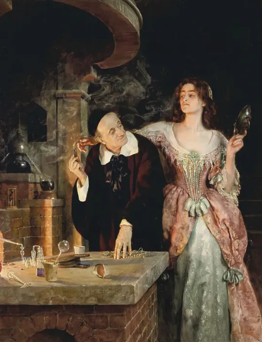 Framed Print : An alchemist and a woman in elaborate clothing stand in a medieval laboratory, surrounded by chemical utensils and a mystical atmosphere Framed Print : An alchemist and a woman in elaborate clothing stand in a medieval laboratory, surrounded by chemical utensils and a mystical atmosphere