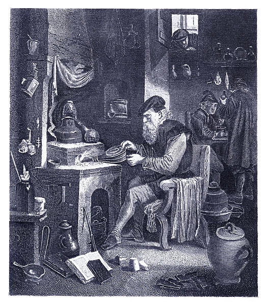 Alchimist working in his laboratory
