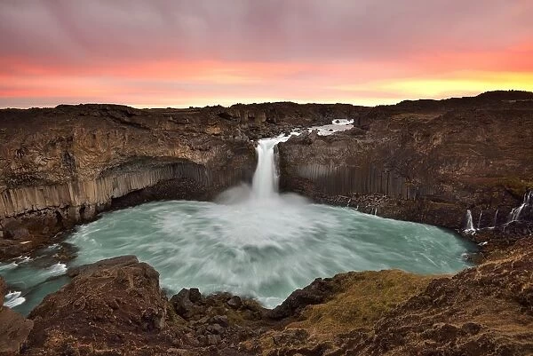 Aldeyjarfoss waterfall sunrise in Iceland
