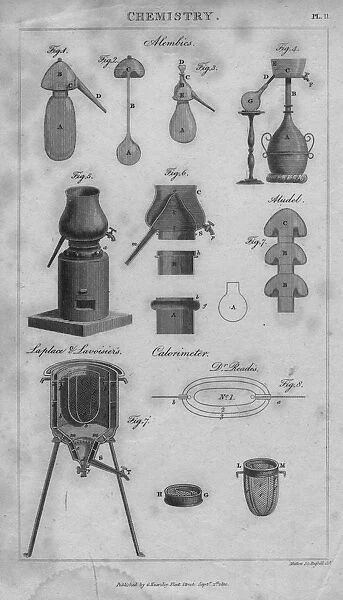 Alembics. circa 1800: Alembics, and a calorimeter designed by Laplace and Lavoisier