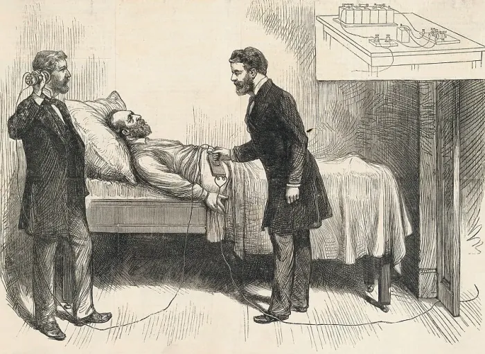 Framed Print : Alexander Graham Bell Trying to Locate Bullet in President Garfield Framed Print : Alexander Graham Bell Trying to Locate Bullet in President Garfield