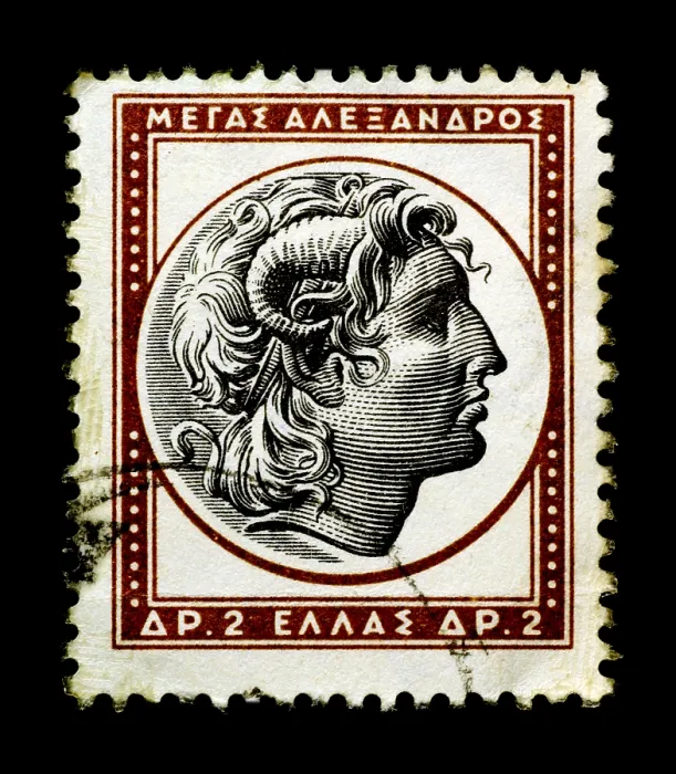 Framed Print : Alexander the Great on Greek stamp isolated in black