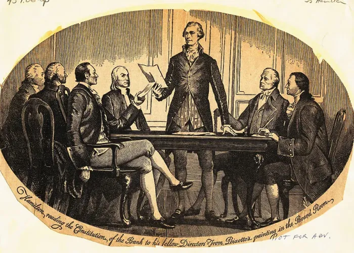 Framed Print : Alexander Hamilton Reading Bank Constitution to Fellow Directors Framed Print : Alexander Hamilton Reading Bank Constitution to Fellow Directors