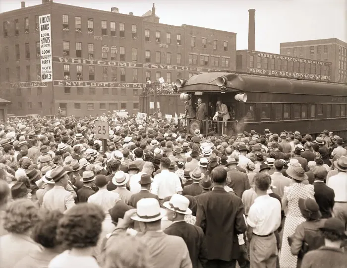 Framed Print : Alf Landon Speaks to Crowd Surrounding Train Framed Print : Alf Landon Speaks to Crowd Surrounding Train