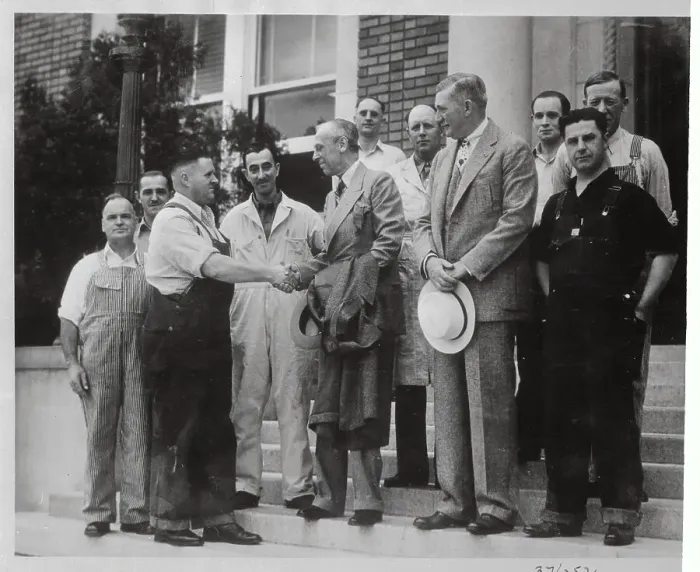 Framed Print : Alfred Sloan Shaking Hands with Employee Framed Print : Alfred Sloan Shaking Hands with Employee