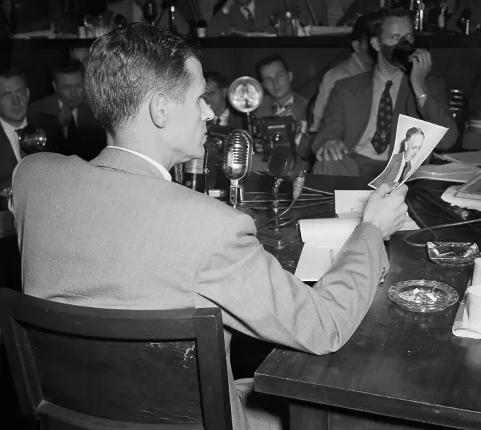 Framed Print : Alger Hiss Tries to Identify Photo of Chambers