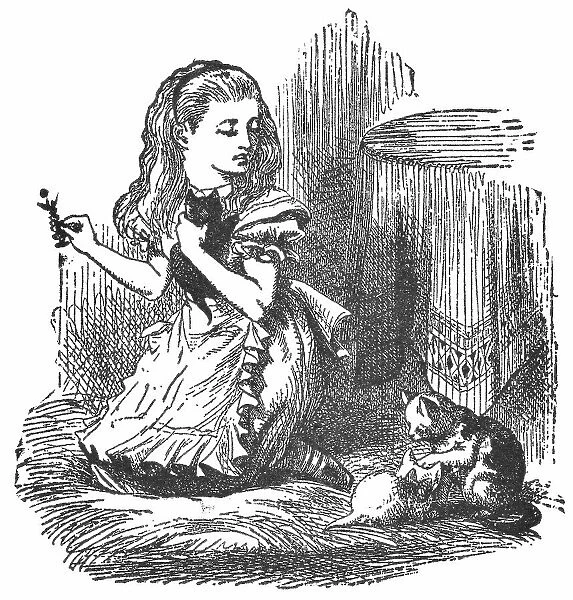 Alice holding a Chess Piece and Playing with her Kittens in Through the Looking-Glass