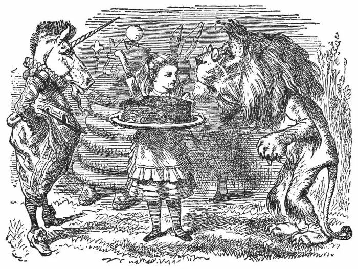 Framed Print : Alice holding a Plum Cake with The Lion and the Unicorn in Through the Looking-Glass Framed Print : Alice holding a Plum Cake with The Lion and the Unicorn in Through the Looking-Glass