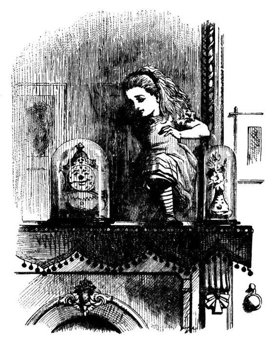Framed Print : Alice on the mantlepiece illustration, (Alices Adventures in Wonderland)