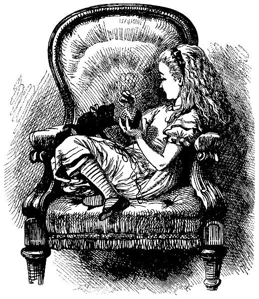 Alice playing with kitten illustration, (Alices Adventures in Wonderland)
