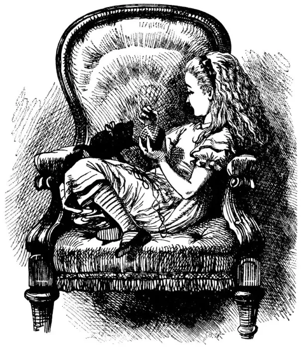 Framed Print : Alice playing with kitten illustration, (Alices Adventures in Wonderland) Framed Print : Alice playing with kitten illustration, (Alices Adventures in Wonderland)