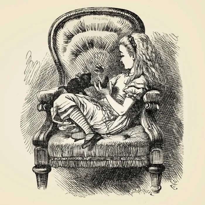 Framed Print : Alice playing with the kitten illustration 1899 Framed Print : Alice playing with the kitten illustration 1899