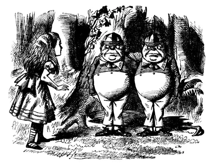 Framed Print : Alice, Tweedledum and Tweedledee illustration, (Alices Adventures in Wonderland) Framed Print : Alice, Tweedledum and Tweedledee illustration, (Alices Adventures in Wonderland)