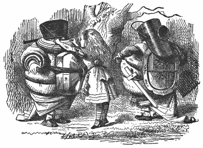 Framed Print : Alice with Tweedledum and Tweedledee Suiting Up for a Fight in Through the Looking-Glass Framed Print : Alice with Tweedledum and Tweedledee Suiting Up for a Fight in Through the Looking-Glass