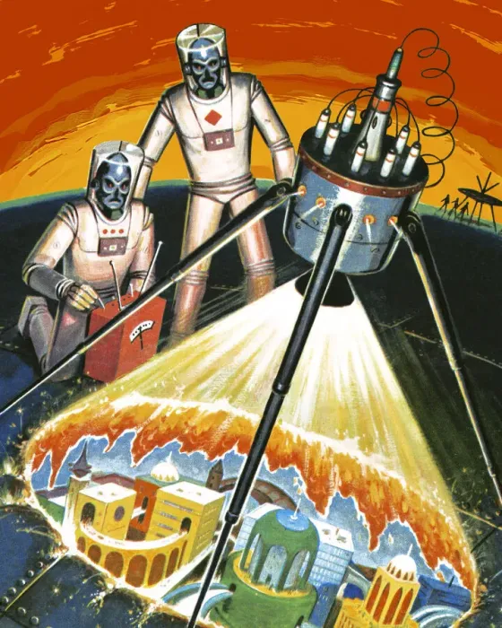 Framed Print : Alien Spacemen Overseeing a Village Framed Print : Alien Spacemen Overseeing a Village