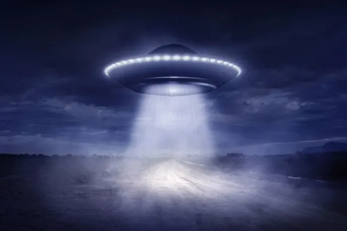 Framed Print : Alien spaceship landing on rural road Framed Print : Alien spaceship landing on rural road