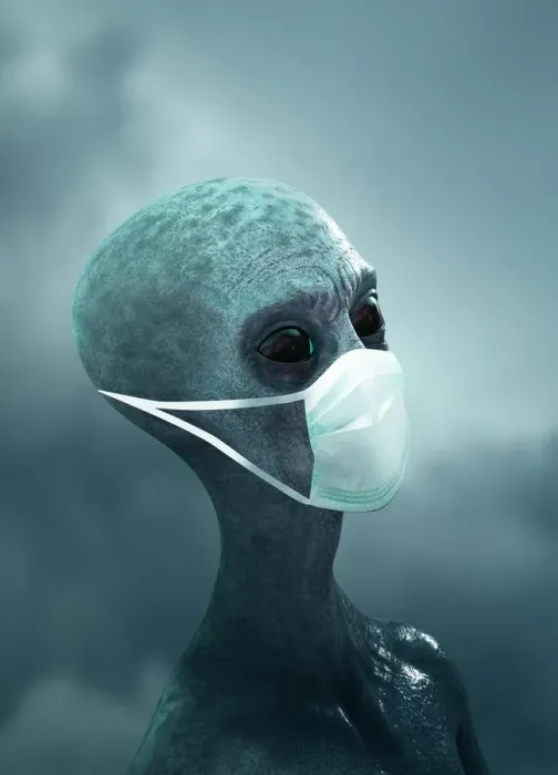 Framed Print : Alien wearing a face mask, illustration Framed Print : Alien wearing a face mask, illustration