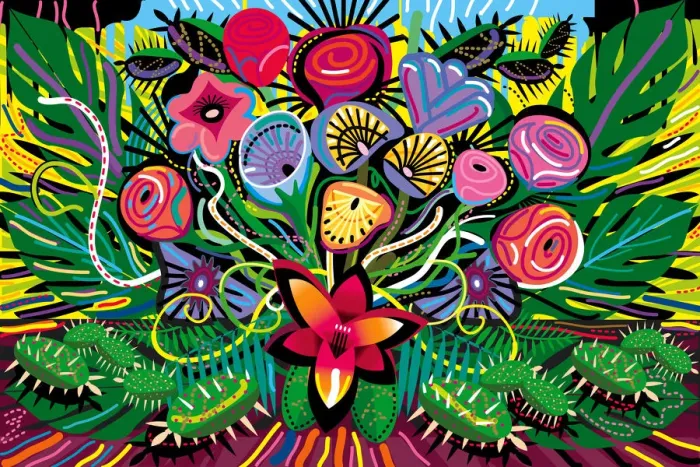 Framed Print : All over Blooming Flowers Bouquet in Vivid Color Illustration Framed Print : All over Blooming Flowers Bouquet in Vivid Color Illustration