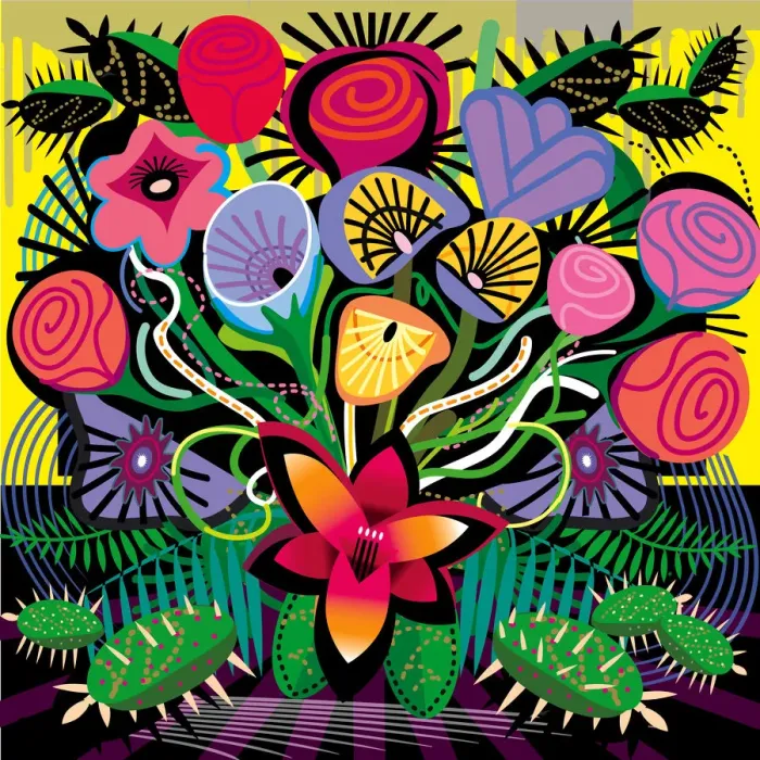 Framed Print : All over Blooming Flowers Bouquet in Vivid Color Illustration