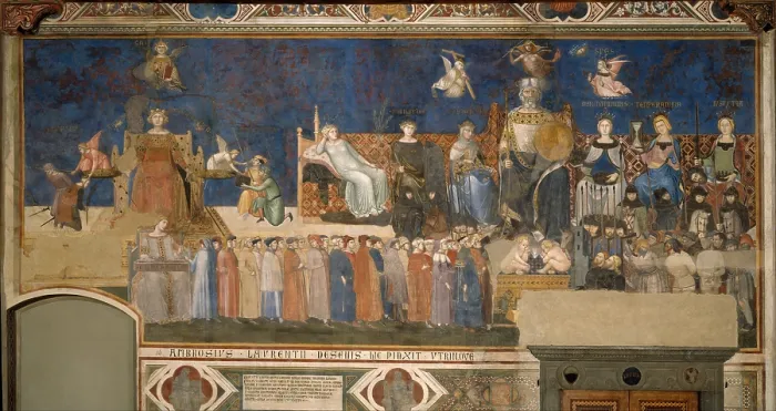 Framed Print : Allegory of Good Government (Cycle of frescoes The Allegory of the Good and Bad Government), 1338-1339. Artist: Lorenzetti, Ambrogio (ca 1290-ca 1348)