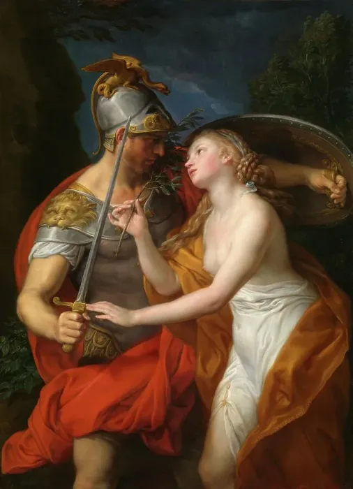 Framed Print : Allegory on the theme of war and peace, armed soldier in love, together with a bare-breasted woman, after a painting by Pompeo Girolamo Batoni, 1776, Italy, Historical, digitally restored reproduction from a 19th century original Framed Print : Allegory on the theme of war and peace, armed soldier in love, together with a bare-breasted woman, after a painting by Pompeo Girolamo Batoni, 1776, Italy, Historical, digitally restored reproduction from a 19th century original