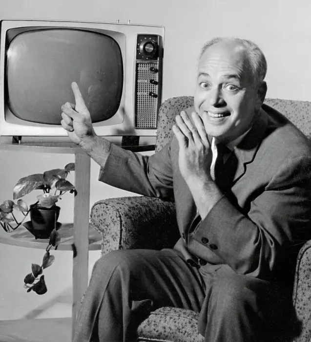 Framed Print : Allen Funt Pointing to a Television Framed Print : Allen Funt Pointing to a Television