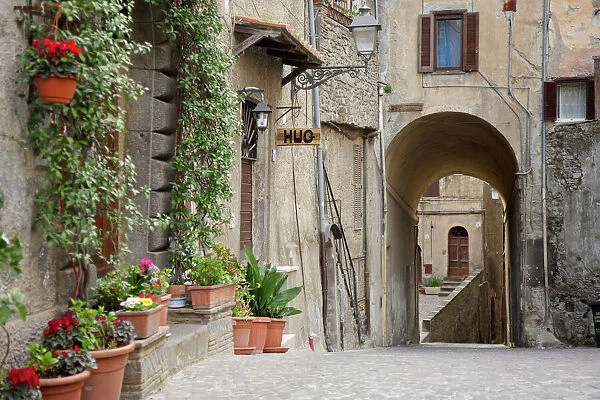 Alley with flowers in pots in Bracciano, Italy