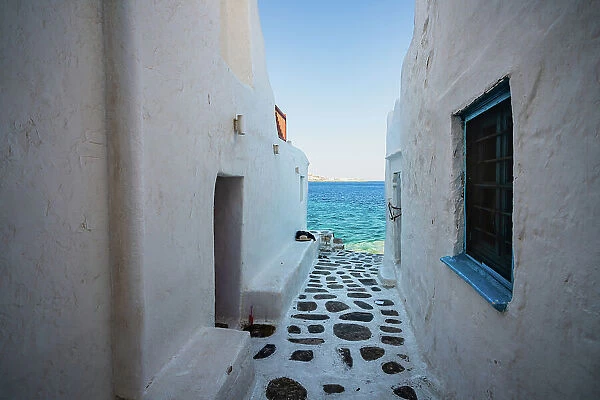 Alley leading to the blue sea, Mykonos, Cyclades, Greece