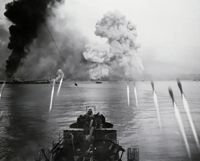 Framed Print : Allied Landing Craft Launches Rockets