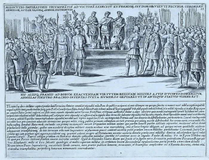 Framed Print : Allocutio Imperatoris Triumphatis, depicting an emperor addressing the victorious army and distributing gold coins during a ceremony of triumph, historical Rome, Italy, digital reproduction of an original 17th-century master, original date unknown Framed Print : Allocutio Imperatoris Triumphatis, depicting an emperor addressing the victorious army and distributing gold coins during a ceremony of triumph, historical Rome, Italy, digital reproduction of an original 17th-century master, original date unknown