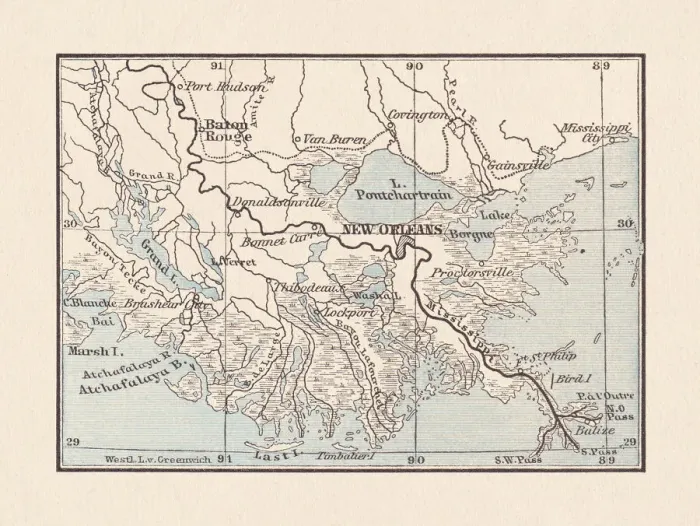Framed Print : Alluvial land of the Mississippi mouth with New Orleans, 1893 Framed Print : Alluvial land of the Mississippi mouth with New Orleans, 1893