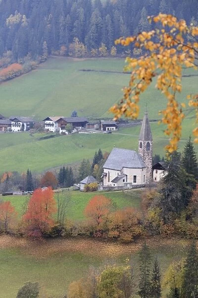 Alpine church at fall St. Magdalena Funes Valley