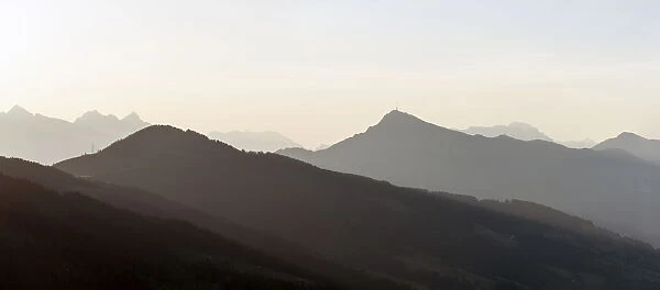 Alpine panorama, Brixental Valley, Kitzbuheler Horn Mountain at sunrise, Alps, Brixen, Tyrol, Austria