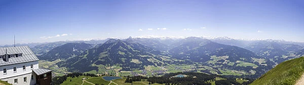 Alpine panorama, view of Westendorf, Mt Hohe Salve, Brixental Valley, Tyrol, Austria