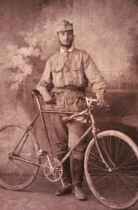 Framed Print : Alpine Soldier with Bicycle Framed Print : Alpine Soldier with Bicycle
