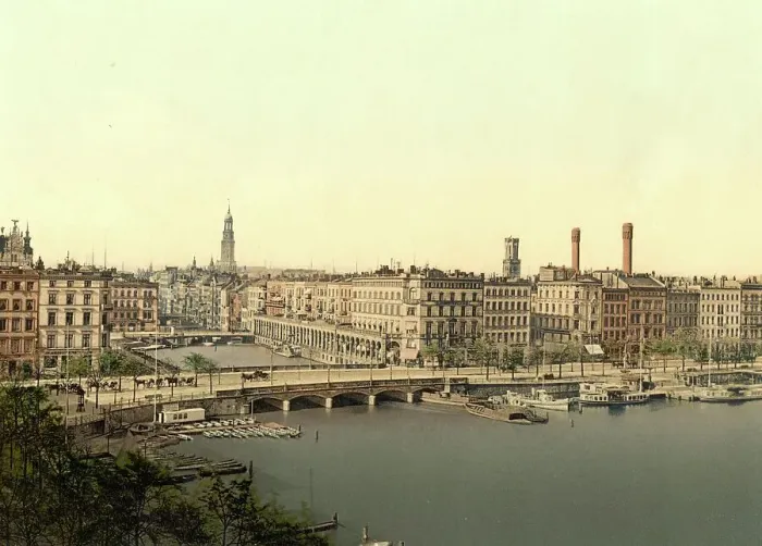 Framed Print : Alster Arcades in Hamburg, Germany, Historic, digitally restored reproduction of a photochromic print from the 1890s Framed Print : Alster Arcades in Hamburg, Germany, Historic, digitally restored reproduction of a photochromic print from the 1890s