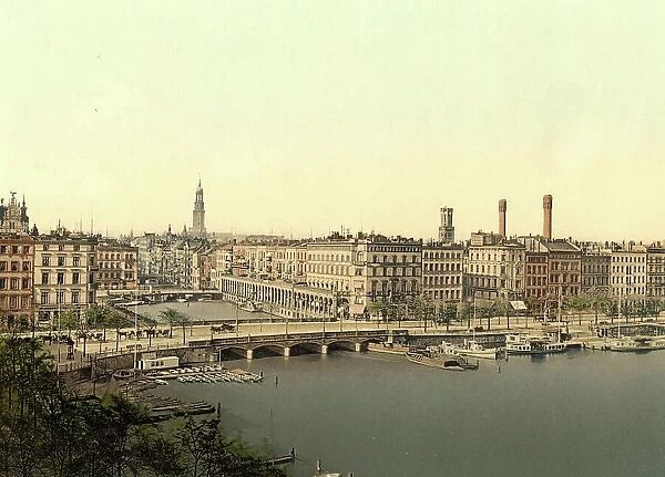 Alster Arcades in Hamburg, Germany, Historic, digitally restored reproduction of a photochromic print from the 1890s