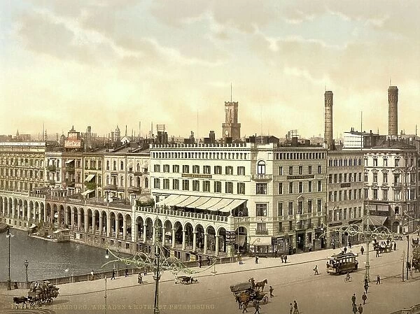 Alster Arcades and Hotel St. Petersburg in Hamburg, Germany, Historic, digitally restored reproduction of a photochrome print from the 1890s